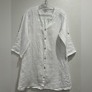Rosemarine Made In Italy Linen Tunic Small Floral Embroidered Button Up White